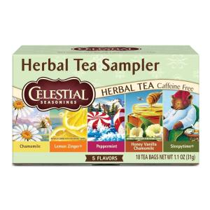 imageCelestial Seasonings Herbal Tea Sampler Variety Pack Caffeine Free 18 Tea Bags Box